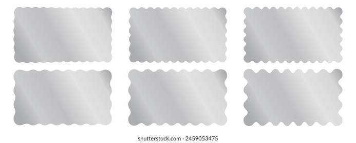 Set of silver rectangle stickers with wavy borders. Shining labels, badges, price tags, coupons or stamps curved rectangular shapes isolated on white background. Vector realistic illustration.