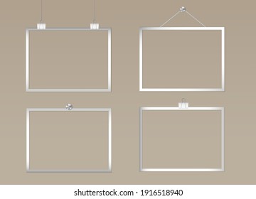 Set of Silver rectangular Photo Frames on binder clips, rope and buttons. Mockup. Vector 3d Realistic. Shiny Blank Template on beige background. 4 empty Stylish Luxury Photo cards with Shadows. EPS10.