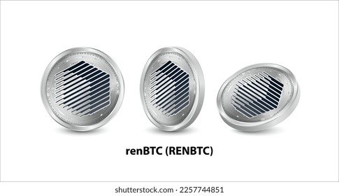 Set of silver renBTC (RENBTC) coin. 3D isometric Physical coins. Digital currency. Cryptocurrency. Silver coin with bitcoin, ripple, ethereum symbol isolated on white background. Vector illustration.