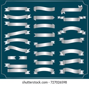 Set of silver ribbon. Banner shapes illustration of ribbon gift and accessory. Christmas sticker and decoration for app and web. Label, badge and borders collection.Eps10.