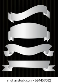 Set of silver ribbons on black background. vector illustration.