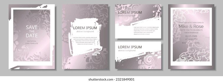 Set of silver and rose universal vector cards. Abstract design for wedding invitation, brochure, poster, banner, flyer, corporate or business cards. Vector illustration.