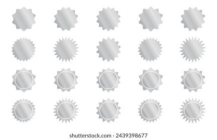 Set of silver round stickers with wiggly and zigzag borders. Shining quality labels, badges, price tags, sale promotions, seal stamps with wavy edges isolated on white background. Vector illustration.