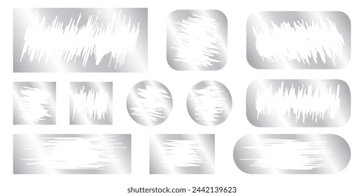 Set of silver scratch card surfaces with scraped textures isolated on white background. Collection of metallic scratchcards, lotto winner, money prize or sale coupon templates. Vector illustration.