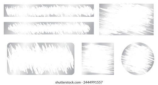 Set of silver scratch card surfaces with scraped textures. Collection of metallic scratchcards, lottery winner, money prize or sale coupon templates isolated on white background. Vector illustration.