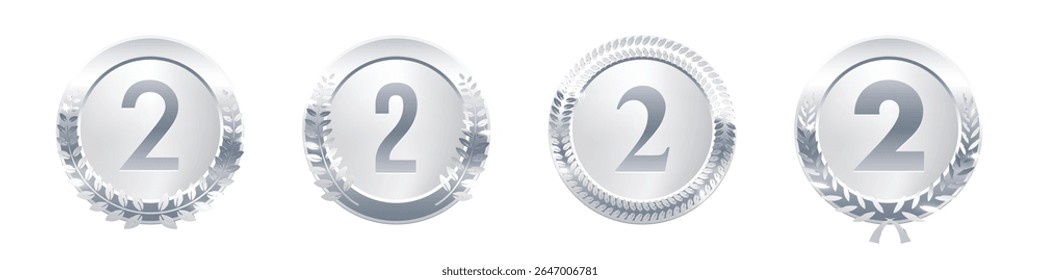 Set of silver second place medals with number 2 and laurel wreaths. Glossy silver badges for runner-up awards, competition rankings, or achievement certificates. Realistic vector illustration.