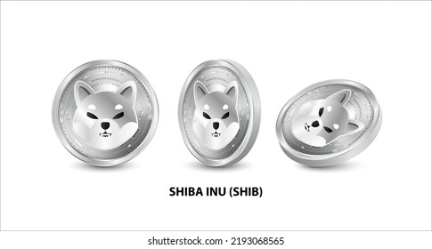 Juego de monedas de plata Shiba Inu (SHIB). Monedas físicas isométricas 3D. Moneda digital. Criptodivisa. Moneda de plata con bitcoin, rizo, símbolo etéreo aislado sobre fondo blanco. Ilustración vectorial.