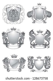 Set of silver shield silhouette on sea heraldry element