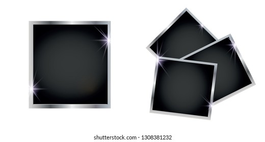 Set of silver shiny square and round frames, on white transparent background. Vector illustration