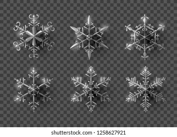 Set of silver snowflakes with shadow on transparent background. New year and Christmas design elements, vector illustration.