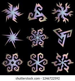 Set of silver snowflakes in techno style.