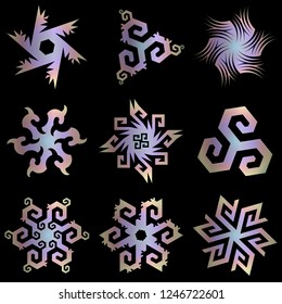 Set of silver snowflakes in techno style.
