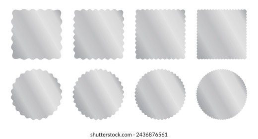 Set of silver square and circle sticker templates with wiggle borders. Shining labels, badges, price tags, coupons, stamps with wavy edges isolated on white background. Vector illustration.