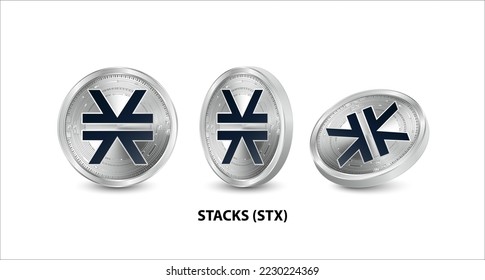 Set of silver Stacks (STX) coin. 3D isometric Physical coins. Digital currency. Cryptocurrency. Silver coin with bitcoin, ripple, ethereum symbol isolated on white background. Vector illustration.