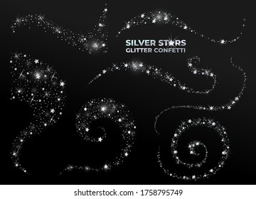 Set of silver star glitter confetti. Vector abstract graphic design. New Year Christmas. Silver glitter background. Elegant invitation template. Vector illustration. Isolated on black background.