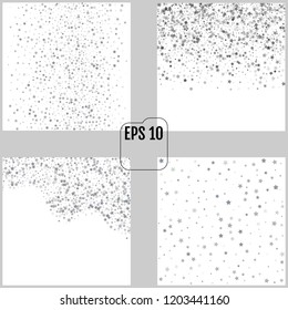 Set of silver stars backgrounds, sparkling christmas lights confetti falling isolated on white. Magic shining flying stars glitter cosmic backdrop, sparkle vector border. 4 in 1