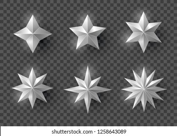 Set of silver stars with shadow on transparent background. New year and Christmas design elements, vector illustration.