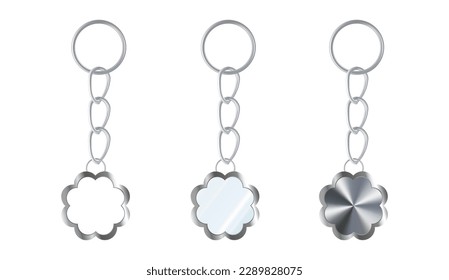 A set of silver or steel key chains in the shape of a flower. Chains made of metal or alloy. Metal key holders isolated on white background.