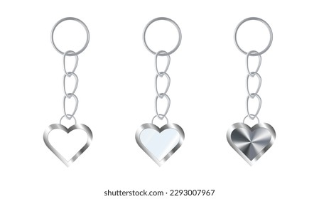 A set of silver or steel keychains in the shape of a heart. Chains made of stainless steel. Metal key holders isolated on white background. Realistic vector illustration.