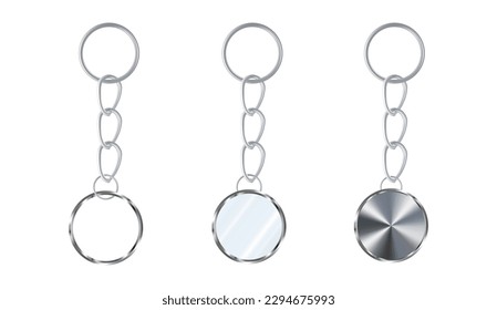 Un conjunto de llaves de plata o acero en forma de círculo. Cadenas de acero inoxidable. Los portalámparas de metal están aislados en fondo blanco. Ilustración vectorial realista.