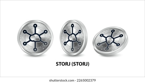 Set of silver Storj (STORJ) coin. 3D isometric Physical coins. Digital currency. Cryptocurrency. Silver coin with bitcoin, ripple, ethereum symbol isolated on white background. Vector illustration.