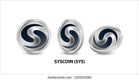 Set of silver Syscoin (SYS) coin. 3D isometric Physical coins. Digital currency. Cryptocurrency. Silver coin with bitcoin, ripple, ethereum symbol isolated on white background. Vector illustration.