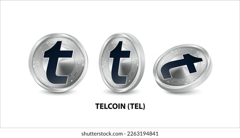 Set of silver Telcoin (TEL) coin. 3D isometric Physical coins. Digital currency. Cryptocurrency. Silver coin with bitcoin, ripple, ethereum symbol isolated on white background. Vector illustration.