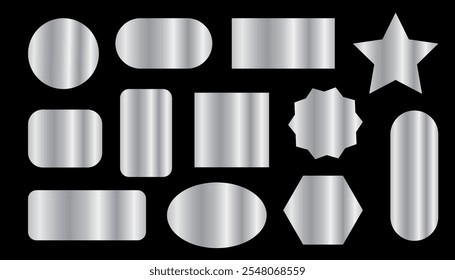 Set of silver texture holographic stickers of different shapes isolated on black background.