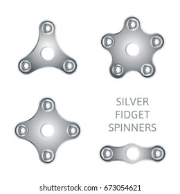 Set of silver textured fidget hand spinner icons. Two, three, four, five arms toys for stress relief and improvement of attention span. Design for banner, poster, advertising. Vector illustration