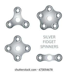 Set of silver textured fidget hand spinner icons. Two, three, four, five arms toys for stress relief and improvement of attention span. Design for banner, poster, advertising. Vector illustration