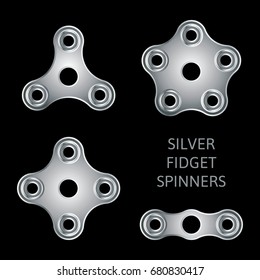 Set of silver textured fidget hand spinner icons. Two, three, four, five arms toys for stress relief and improvement of attention span. Design for banner, poster, advertising. Vector illustration