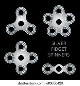 Set of silver textured fidget hand spinner icons. Two, three, four, five arms toys for stress relief and improvement of attention span. Design for banner, poster, advertising. Vector illustration