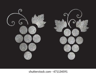 Set of silver textured grapes logo. Luxury wine or vine logotype icon. Brand design element for organic wine, wine list, menu, liquor store, selling alcohol, wine company. Vector illustration.