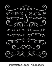 Set of silver textured hand drawn vignettes on black background. Elegant vintage calligraphic borders and dividers for greeting card, retro party, wedding invitation. Vector illustration.