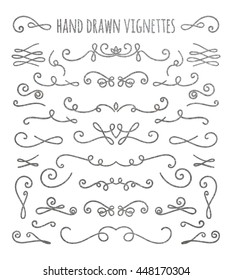 Set of silver textured hand drawn vignettes on white background. Elegant vintage calligraphic borders and dividers for greeting card, retro party, wedding invitation. Vector illustration.