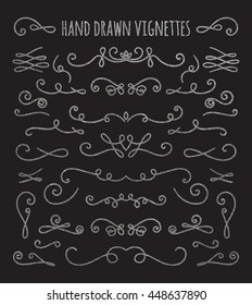 Set of silver textured hand drawn vignettes on black background. Elegant vintage calligraphic borders and dividers for greeting card, retro party, wedding invitation. Vector illustration.