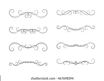 Set of silver textured hand drawn vignettes on white background. Elegant vintage calligraphic borders and dividers for greeting card, retro party, wedding invitation. Vector illustration.