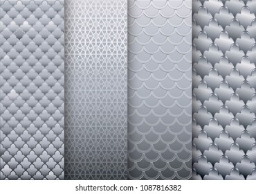 A set of silver textures backgrounds. Eastern or Arabic style. Luxurious wall with embossed texture. Old gold. Vector graphics