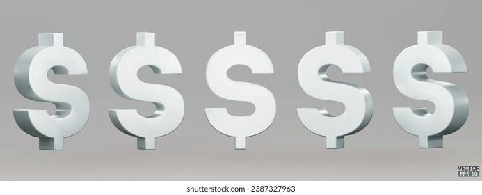 Set of silver US dollar currency symbol isolated on gray background. Silver dollar sign. 3D signs money currency sign. 3D vector Illustration.