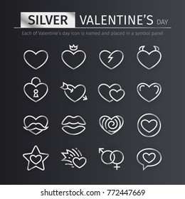 Set of silver Valentine's day icons suitable for your romance holiday projects. Each of icon is named and placed in a symbol panel. Clipping paths included.