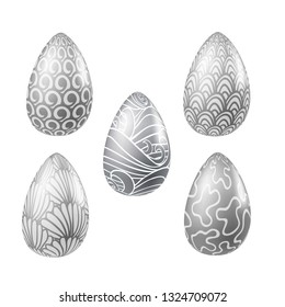 Set of silver vector realistic eggs with different abstract pattern. Traditional religion seasonal food illustrations collection for Easter. Ornaments with sea waves, blobs, bushes, shells, swirls