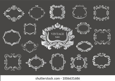 Set of silver vintage floral frames and monograms. Vector decorative borders.