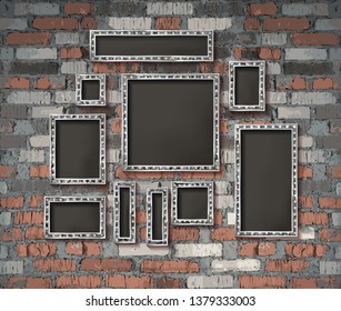 Set of silver vintage frames on old brick wall background. Vector illustration