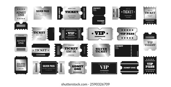 Set silver vip ticket, pass, admission, admit one, coupon, vaucher, label and more template. Chrome metal design collection. Vector illustration on white background