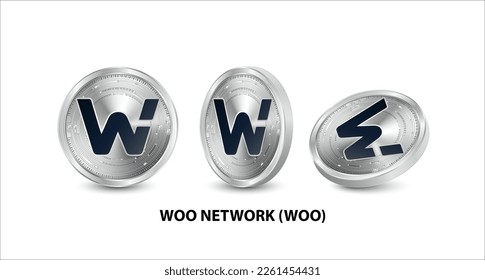 Set of silver WOO Network (WOO) coin. 3D isometric Physical coins. Digital currency. Cryptocurrency. Silver coin with bitcoin, ripple, ethereum symbol isolated on white background Vector illustration.