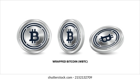 Set of silver Wrapped Bitcoin (WBTC) coin. 3D isometric Physical coins. Digital currency. Cryptocurrency. Silver with bitcoin, ripple, ethereum symbol isolated on white background. Vector illustration