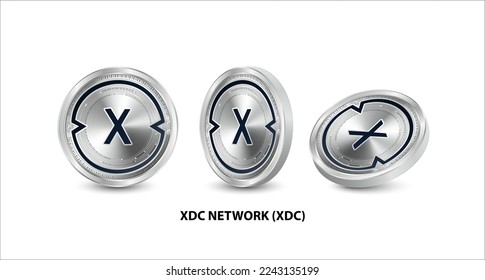 Juego de monedas de plata XDC Network (XDC). Monedas físicas isométricas 3D. Moneda digital. Criptodivisa. Moneda de plata con bitcoin, rizo, símbolo etéreo aislado sobre fondo blanco. Ilustración del vector