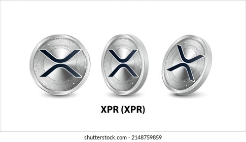 Set of silver XRP (XRP) coin. 3D isometric Physical coins. Digital currency. Cryptocurrency. Silver coins with bitcoin, ripple and ethereum symbol isolated on white background. Vector illustration.