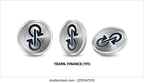 Set of silver yearn.finance (YFI) coin 3D isometric Physical coins. Digital currency. Cryptocurrency. Silver coin with bitcoin, ripple, ethereum symbol isolated on white background Vector illustration