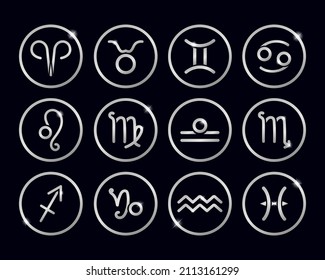 Set of silver zodiac signs. Astrology symbols in the circle on dark background